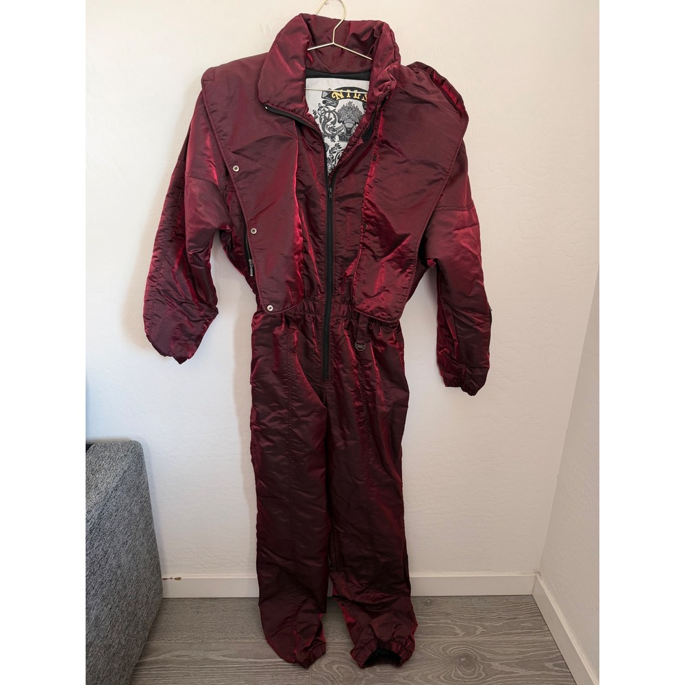 Vintage Nils Iridescent Burgundy One Piece Ski Suit Wine Red Retro Snowsuit Sz M